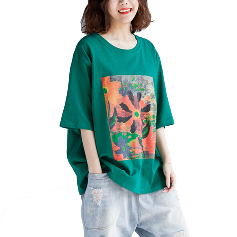 2018夏装新款文艺大码女装胖mm宽松显瘦印花圆领短袖纯棉T恤上衣绿色均码(110-200斤)