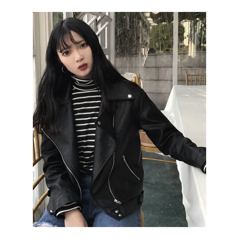 2018韩版春装新款长袖百搭机车短款PU皮衣拉链翻领上衣外套女学生黑色