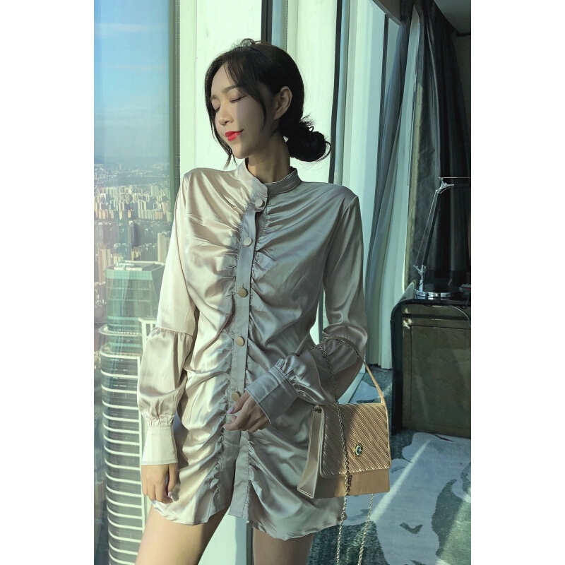 复古修身显瘦长袖衬衫连衣裙女装韩版中长款时尚衬衣休闲上衣卡其色均码