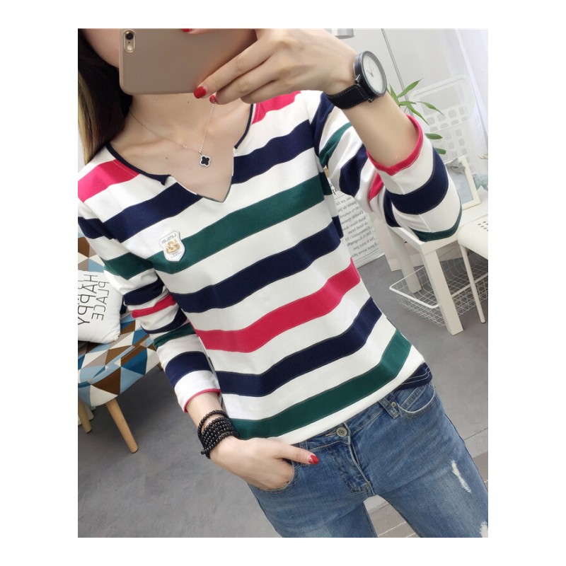 2018秋装新款纯棉条纹长袖T恤女韩版体恤学生修身显瘦打底衫上衣