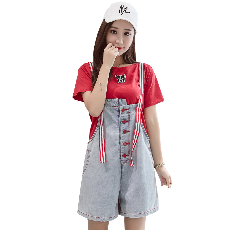 超火的牛仔背带短裤网红两件套装女夏学生韩版宽松阔腿连体裤