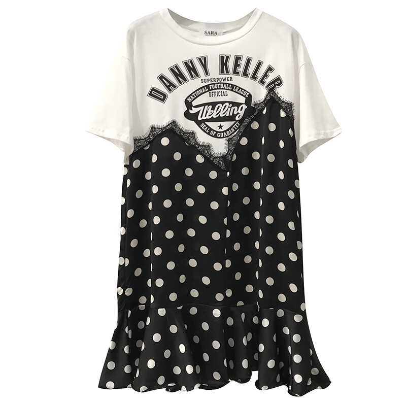 字母T恤拼接假两件蕾丝鱼尾波点连衣裙女韩版荷叶边下摆收腰裙子黑色均码