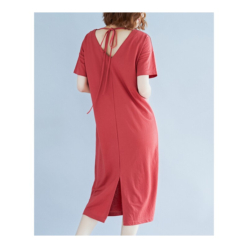 大码女装个性中长款露背连衣裙显瘦胖MM夏季200斤宽松V领T恤裙子