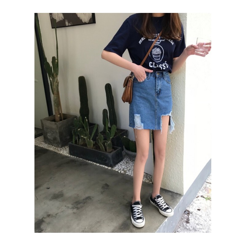 大码200斤胖mm破洞牛仔短裙女夏装韩版高腰显瘦百搭A字包臀半身裙
