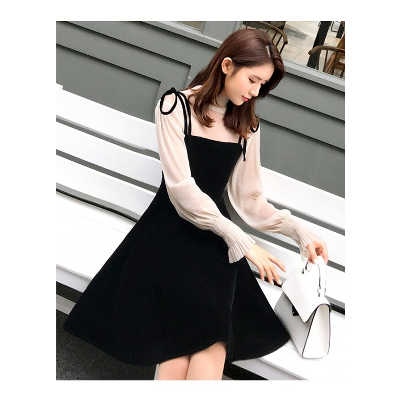 长袖连衣裙春秋季2018新款女中长小清新可爱甜美韩版两件套装a字