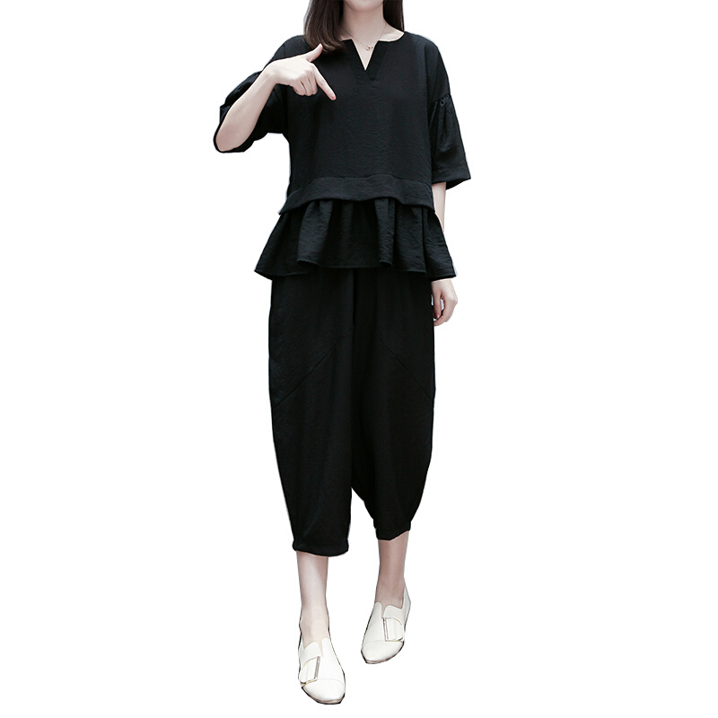 2018夏装新款大码女装胖mm雪纺套装女韩版休闲减龄遮肚子两件套女黑色