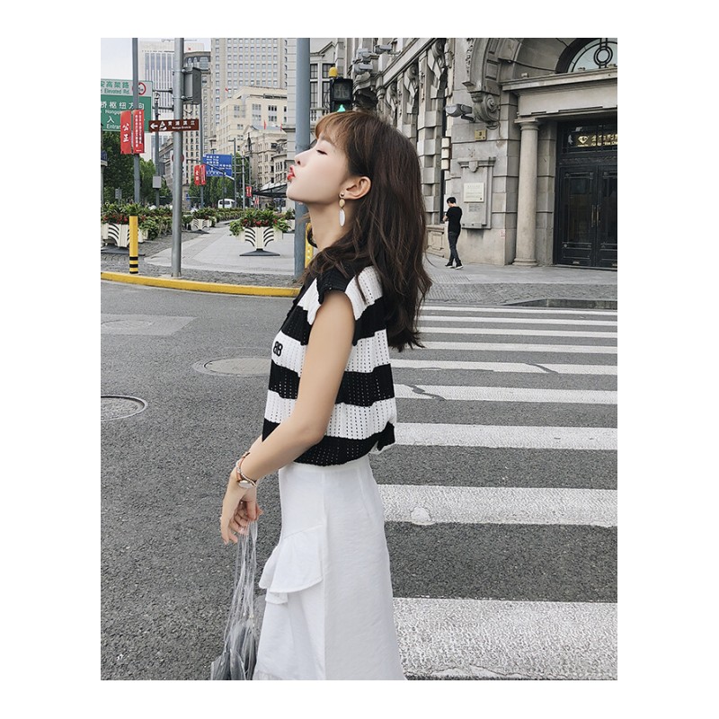 2018新款韩版女装学院风镂空套头学生百搭时尚无袖针织衬衫上衣 黑色 均码