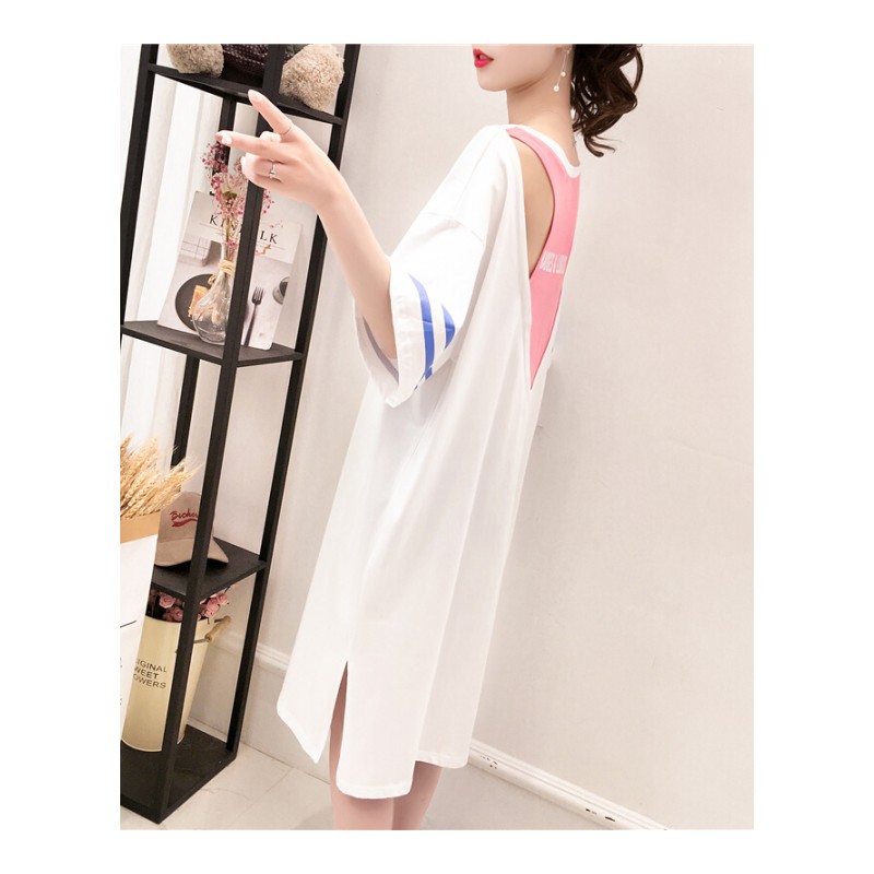 中长款圆领宽松T恤女短袖假两件学生小清新五分袖上衣打底衫百搭白色均码