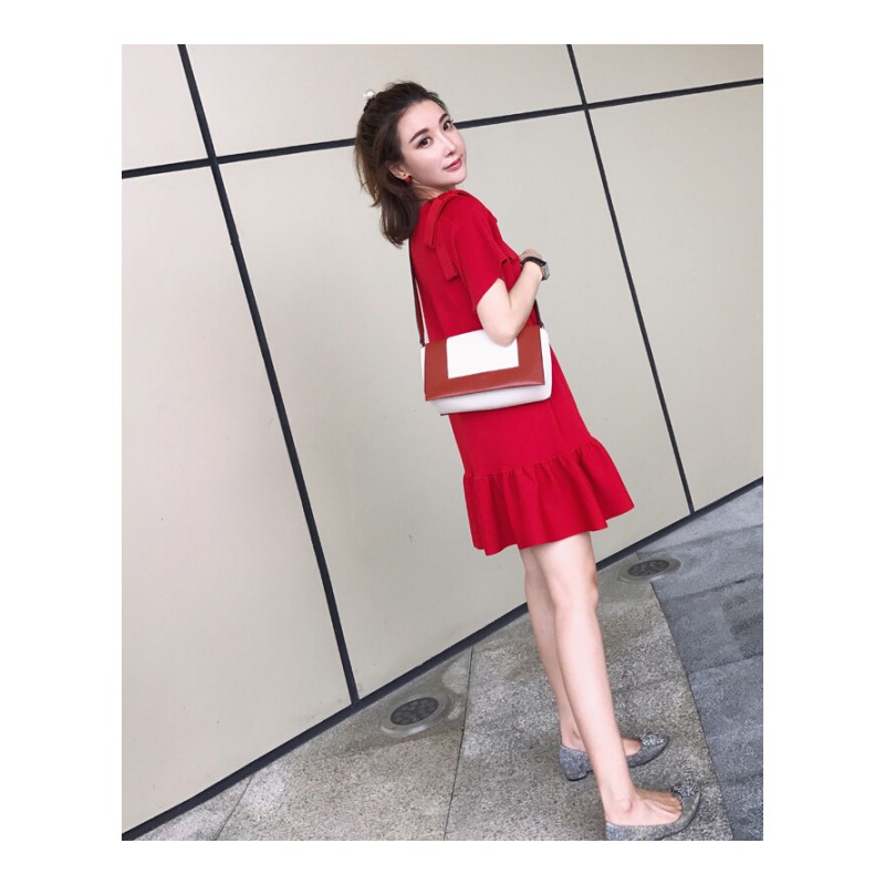 2018夏季新款女装潮海边度假冷淡风学院小香风红色礼服针织连衣裙红色