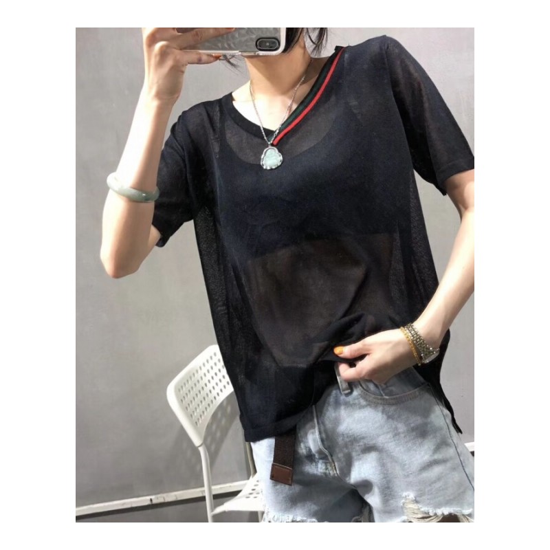 2018夏季新款宽松V领套头薄款冰丝针织衫条纹显瘦短袖T恤上衣女装9047黑杏细条均码