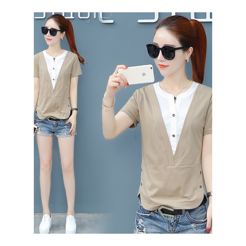 2018夏装新款韩版修身假两件V领短袖T恤女百搭女装打底衫半袖上衣卡其色