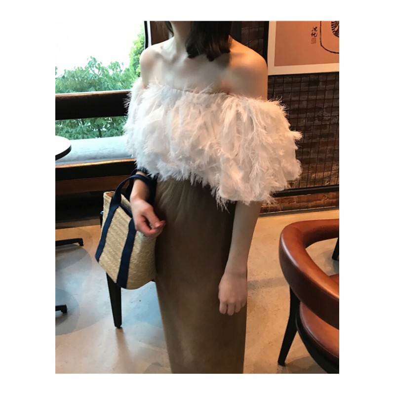 复古韩国风性感一字领露肩羽毛短袖雪纺衫女夏季气质短款上衣