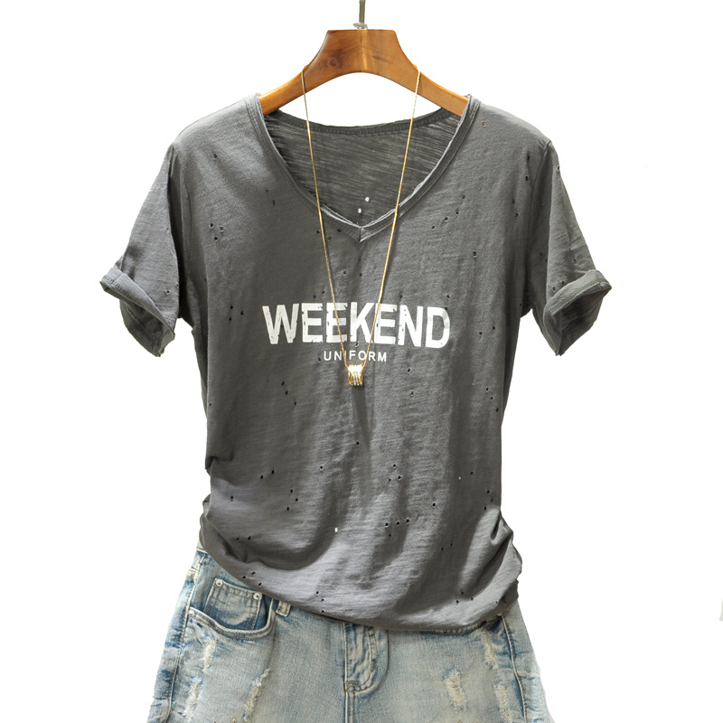 v领短袖纯竹节棉夏装体恤上衣韩范字母印花宽松学生百搭打底女T恤绿色均码