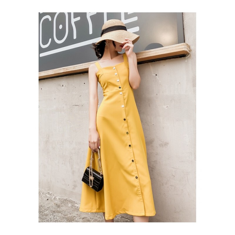 夏季新款同款连衣裙女中长款气质黄色高腰带显瘦海边度假裙黄色