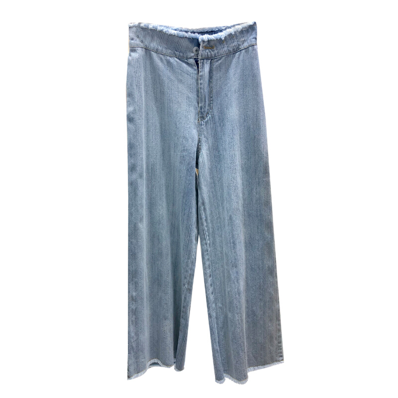 2018春夏季新款韩版复古毛边高腰宽松百搭浅色阔腿裤九分牛仔裤女蓝色