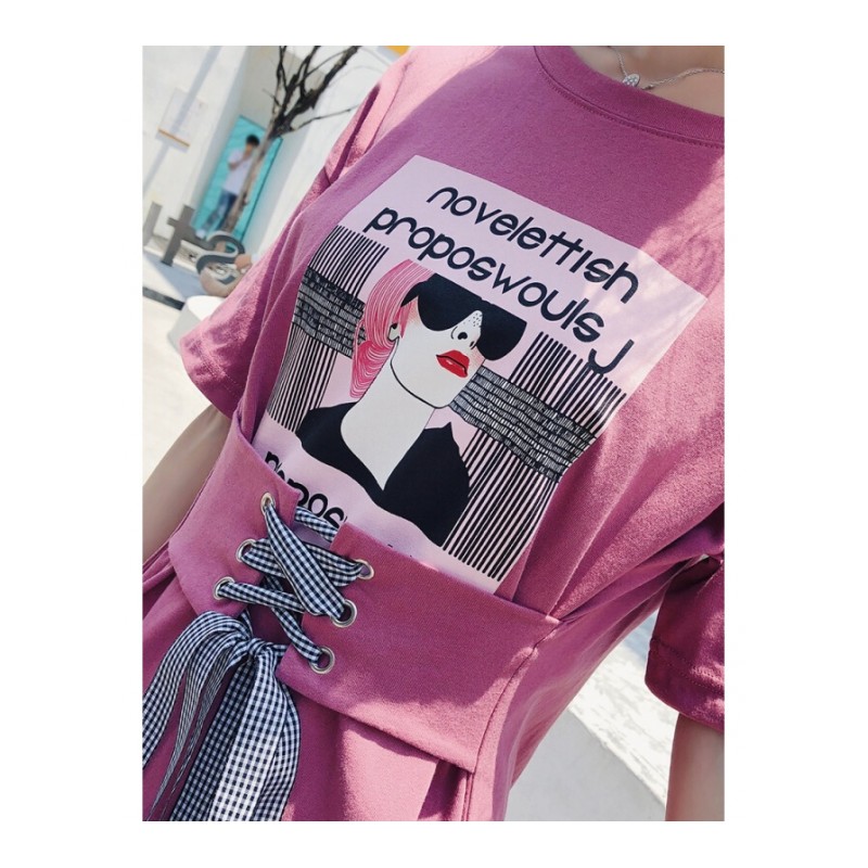 连衣裙女2018新款韩版夏收腰T恤裙宽松imiss小清新休闲裙子中长款海棠红