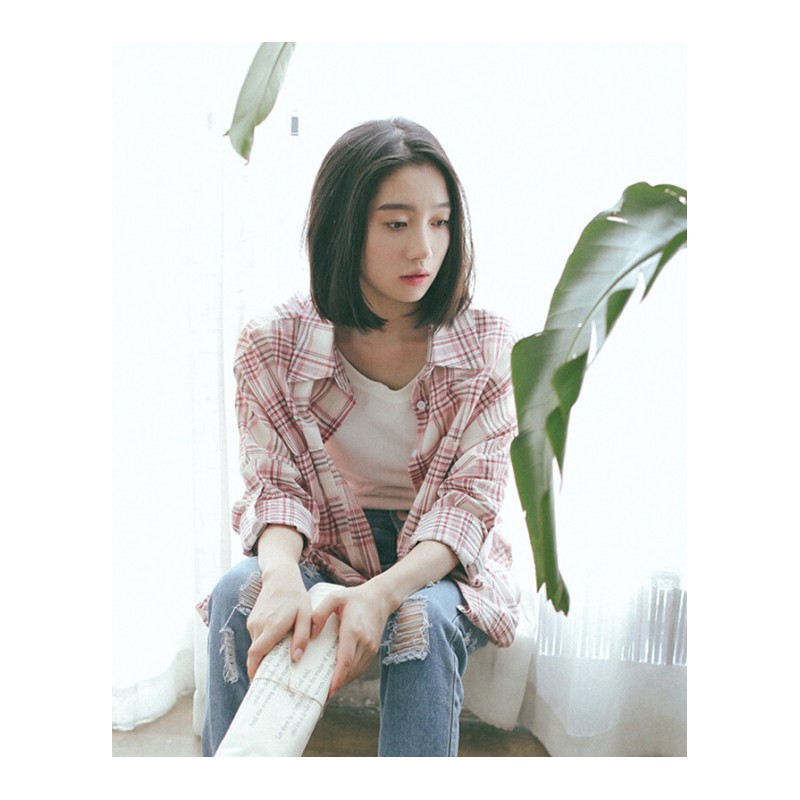 格子衬衫女长袖2018春装新款韩版宽松外套港风早秋社会衬衣粉红均码