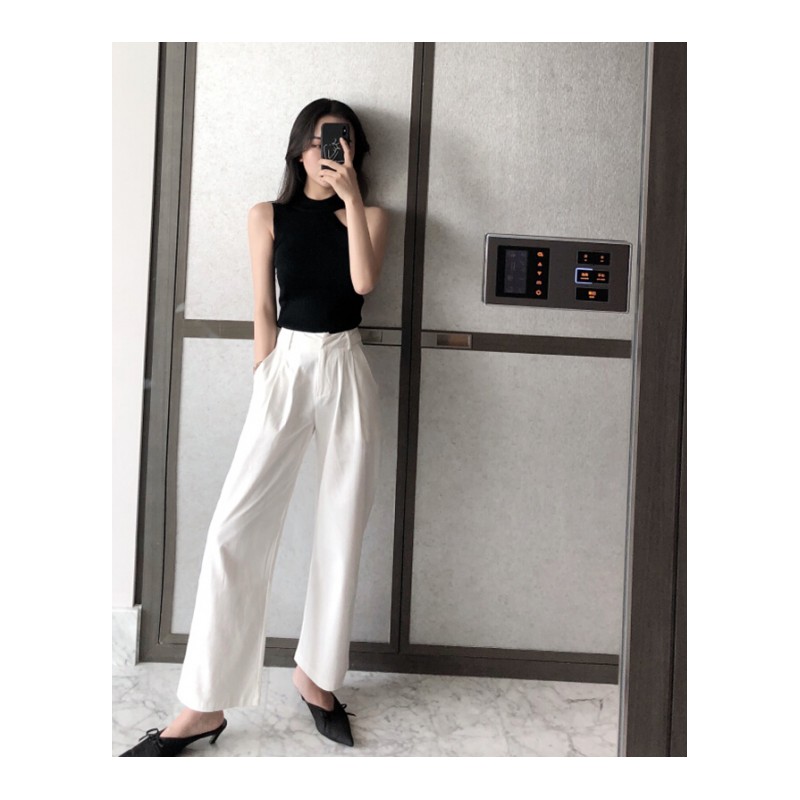 带原宿背心女夏外穿性感紧身挂脖式上衣黑色针织无袖T恤 黑色 均码