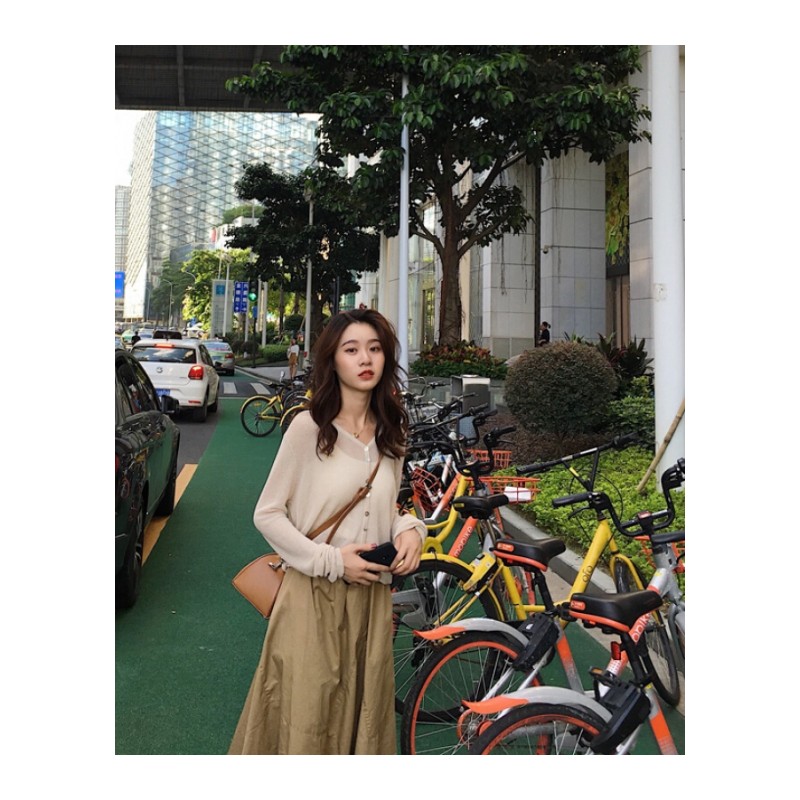 韩版夏季女装简约纯色显瘦V领单排扣开衫百搭长袖针织衫外套女潮 杏色 均码