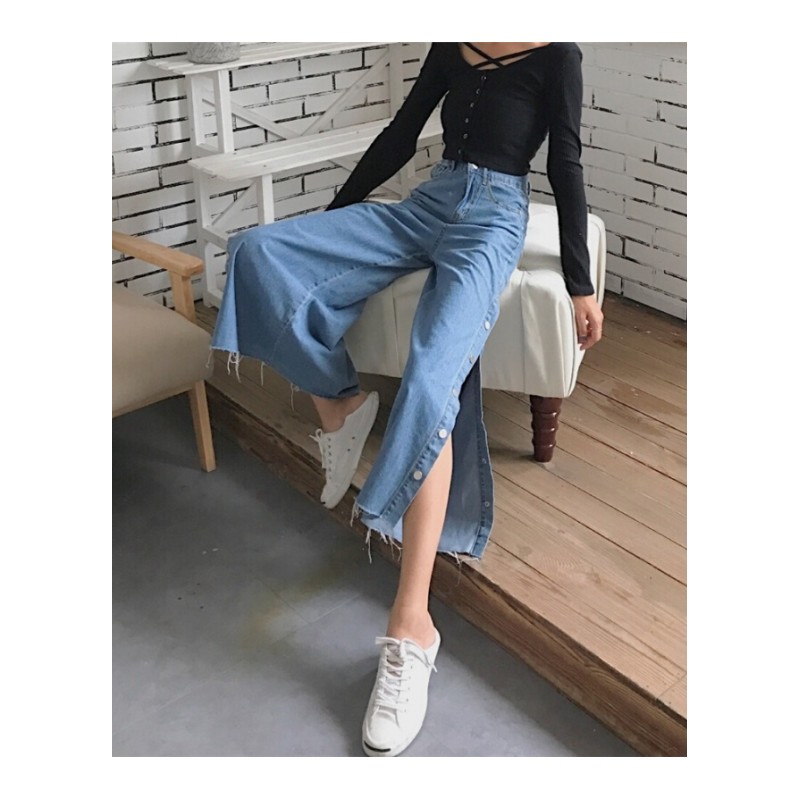 夏装2018新款网红同款牛仔裤女韩版学生百搭开叉高腰九分阔腿裤潮蓝色