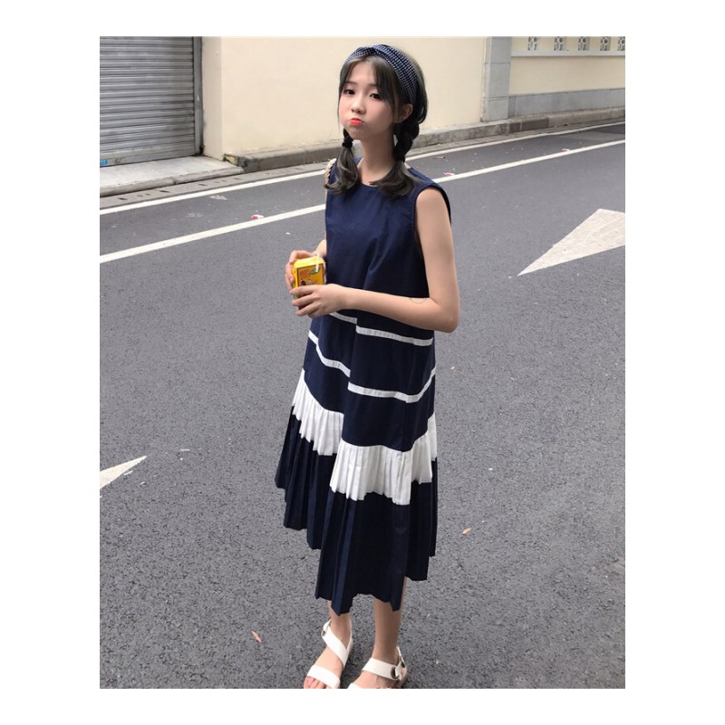 夏装女装新款韩版中长款宽松拼色百搭褶皱无袖显瘦a字连衣裙长裙藏青色均码