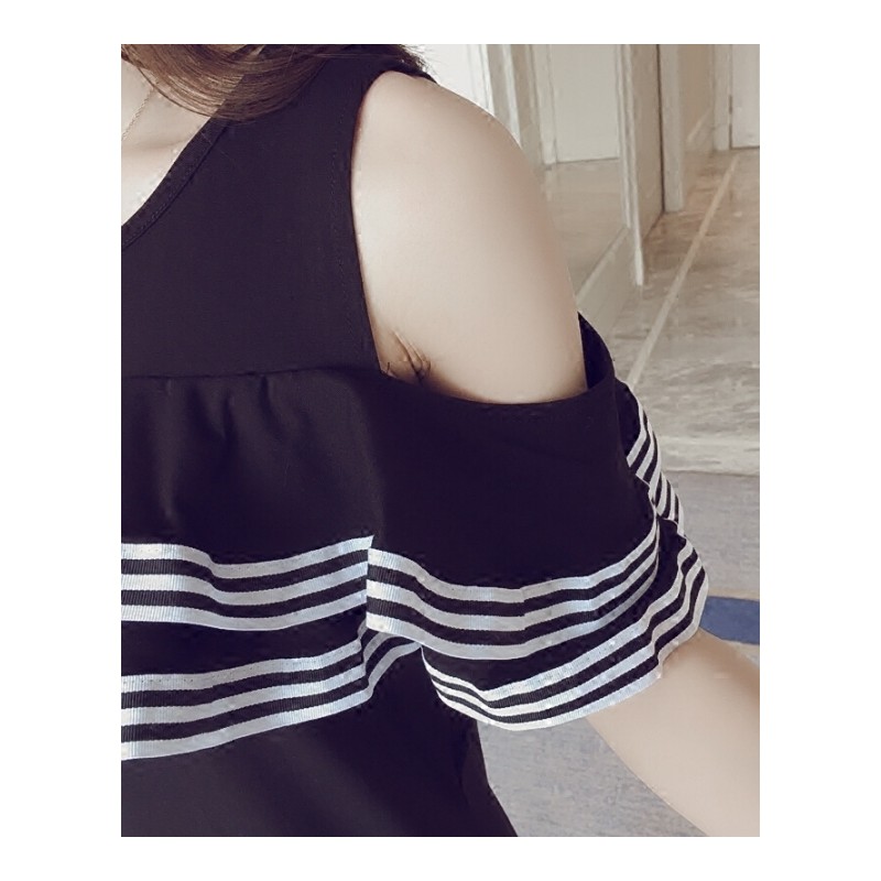 2018夏季新款韩版宽松显瘦条纹拼接露肩连衣裙女中长款荷叶边裙子黑色