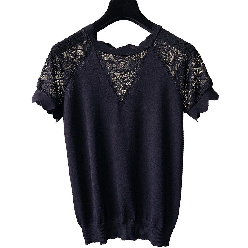 2018新款韩版蕾丝拼接短袖针织衫薄款冰丝打底衫半袖T恤上衣女夏白色均码