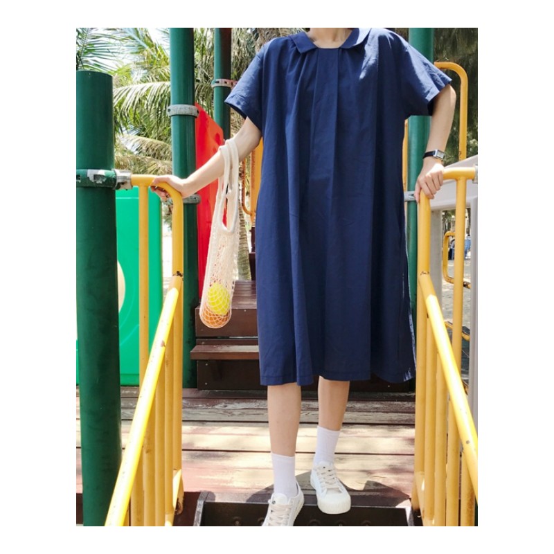 夏装女装韩版中长款纯色宽松百搭娃娃领短袖T恤连衣裙显瘦长裙潮绿色均码