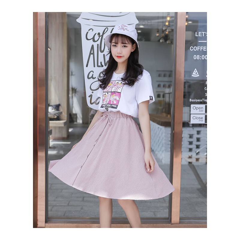 格子连衣裙女夏2018新款韩版显瘦两件套裙子学生T恤小清新套装裙