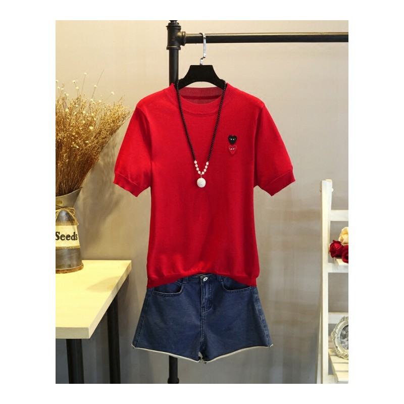 欧洲站2018夏季新款女装时尚圆领爱心冰丝针织衫薄款短袖T恤衫女