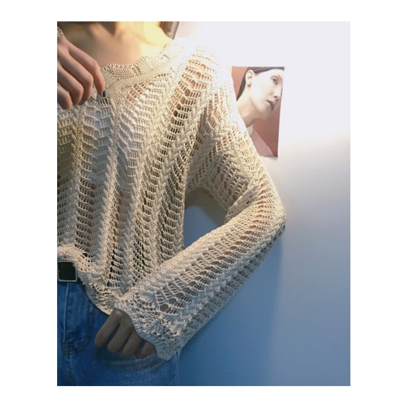 2018新款韩版潮时尚花边v领镂空宽松显瘦重工复古空衫针织衫女白色均码