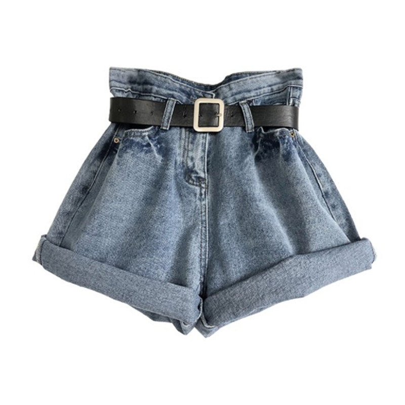 牛仔短裤女2018新款高腰宽松休闲卷边阔腿裤百搭显瘦三分裤子蓝色送皮带