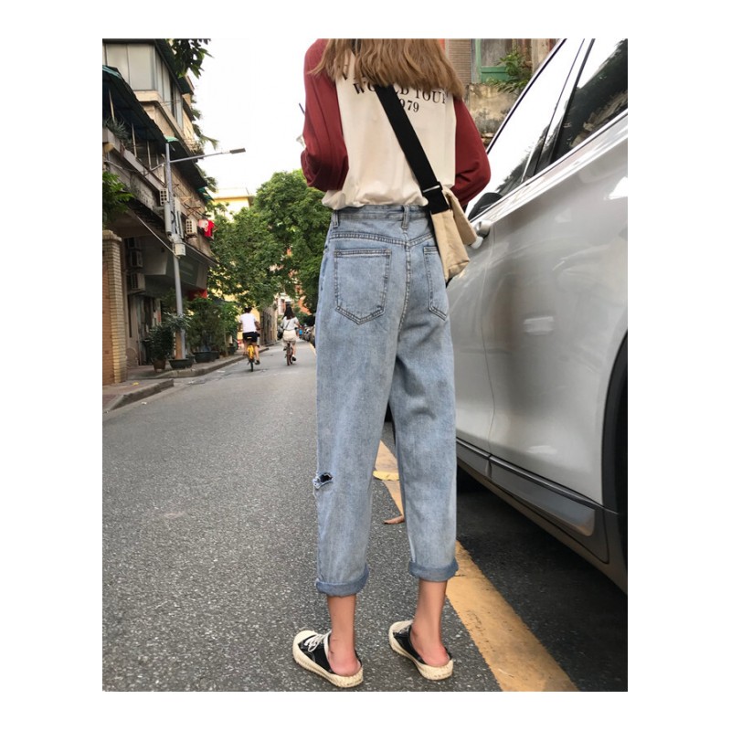 夏季女装韩版宽松百搭水洗哈伦裤牛仔裤高腰显瘦破洞直筒裤九分裤浅色