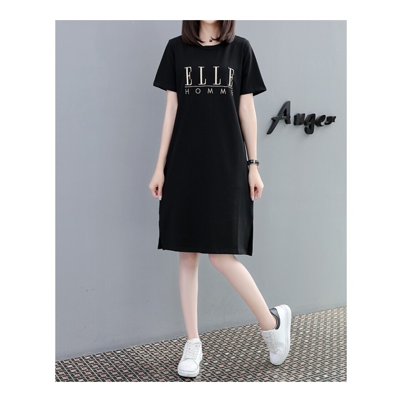 胖mm体恤裙2018夏装新款字母刺绣大码宽松中长款纯棉短袖T恤女夏黑色