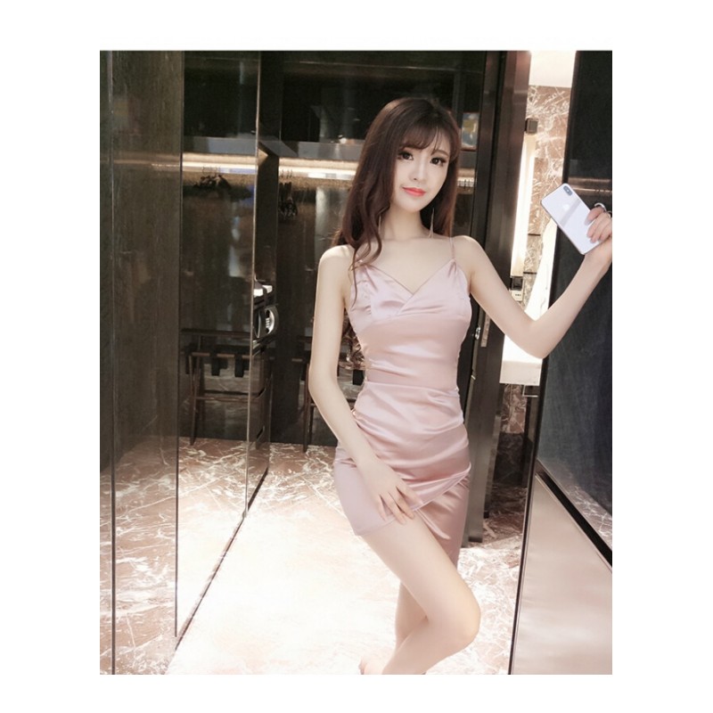 连衣裙女夏2018韩版新款V领小心机露腰修身显瘦礼服包臀不规则裙粉色