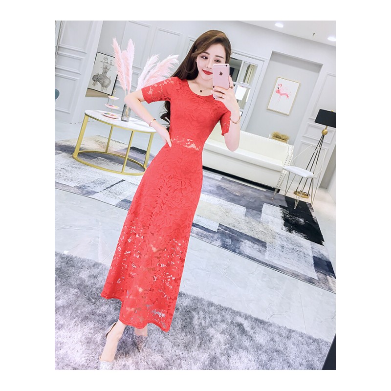 夏装新款2018名媛气质圆领短袖修身显瘦百搭蕾丝连衣裙礼服长裙女