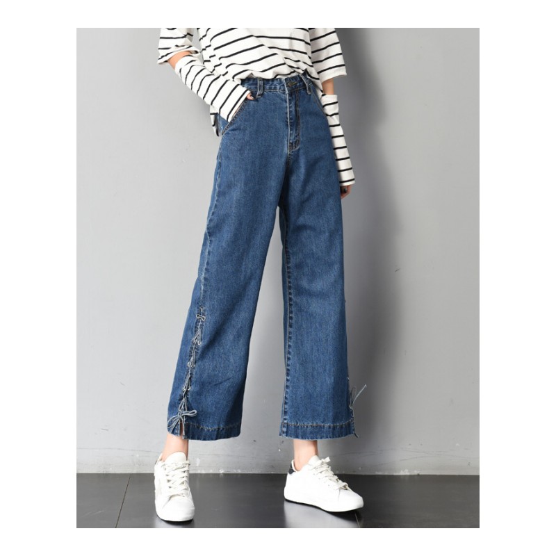 2018春夏新款高腰显瘦开叉初恋学生阔腿牛仔裤女宽松九分韩版百搭