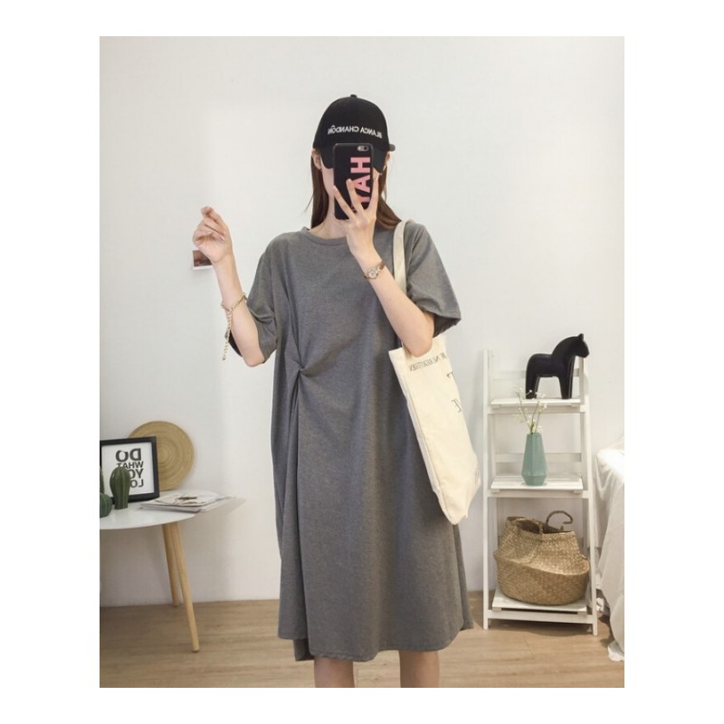 夏季新立体褶皱设计宽松显瘦圆领短袖连衣裙女休闲百搭懒人T恤裙灰色均码