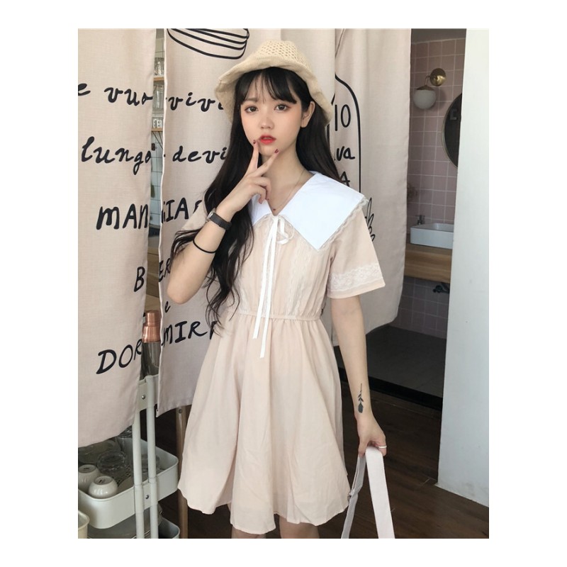 韩版中长款气质娃娃领蕾丝花边拼接高腰连衣裙学生显瘦裙子女夏季杏色均码