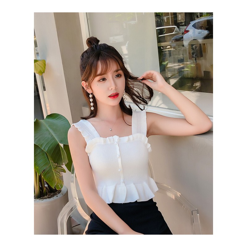 小背心女夏外穿内搭打底韩版修身荷叶边无袖针织漏肚脐带上衣杏色均码
