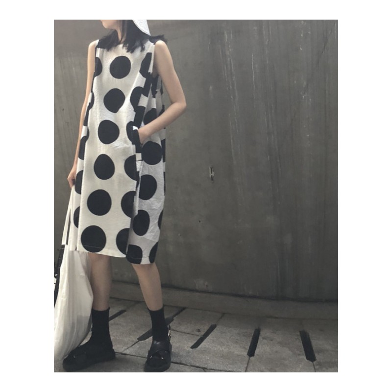 夏装韩风复古波点无袖娃娃裙冷淡风气质显瘦连衣裙女A字中长裙白色底均码