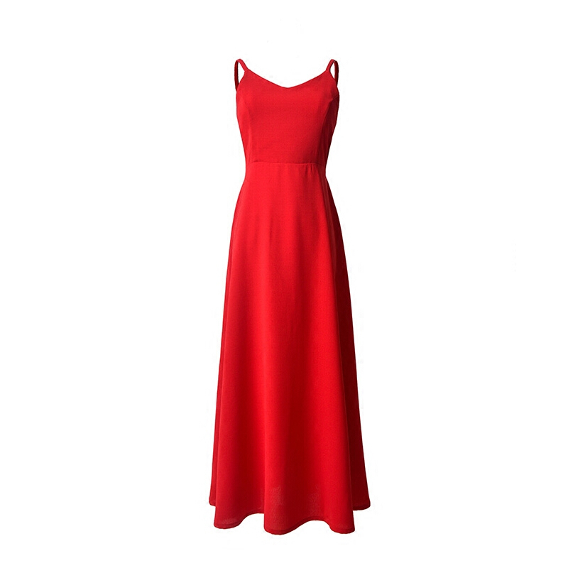 露背红色长裙连衣裙女夏波西米亚度假蝴蝶结礼服沙滩裙性感带裙