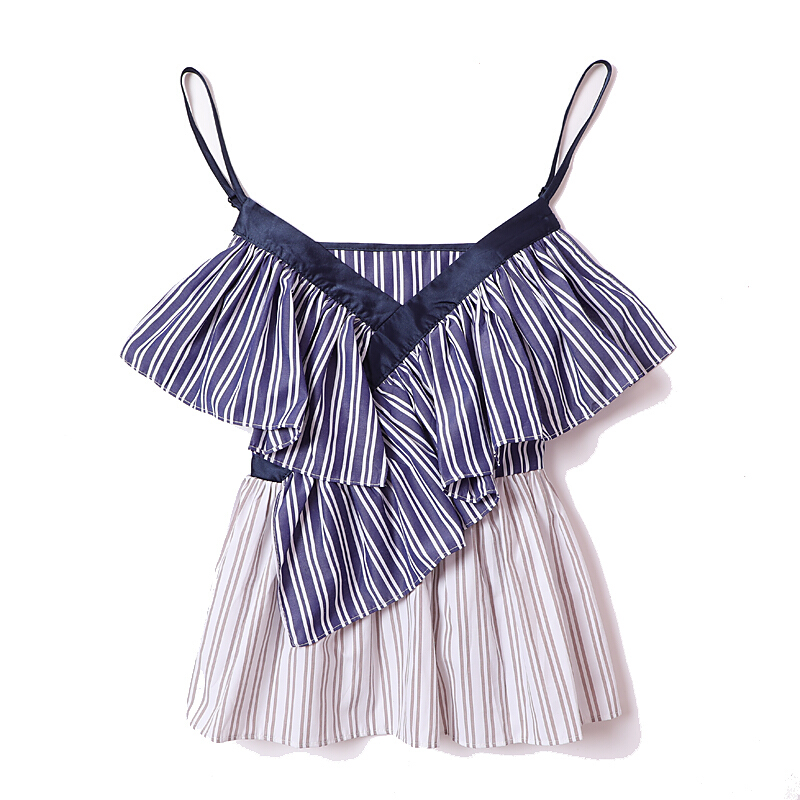 2018新短款性感带无袖上衣女外穿复古V领背心露肩百搭条纹小衫图片色