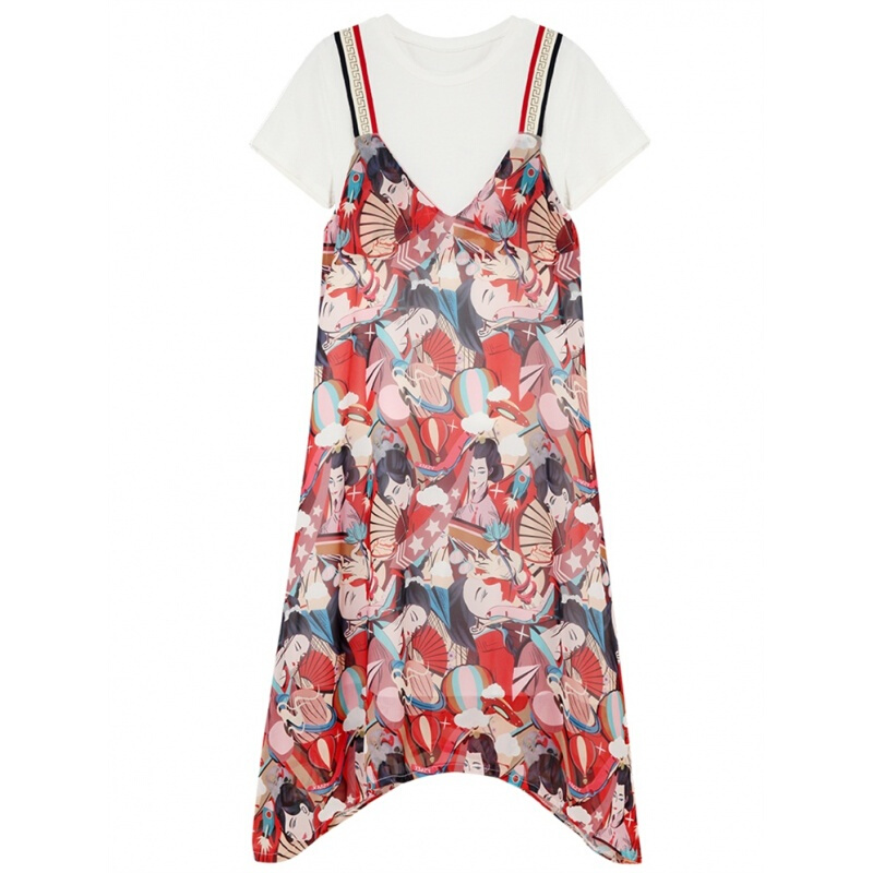 胖mm夏装大码女显瘦藏肉减龄洋气套装胖妹妹爱两件套雪纺连衣裙红色[版]