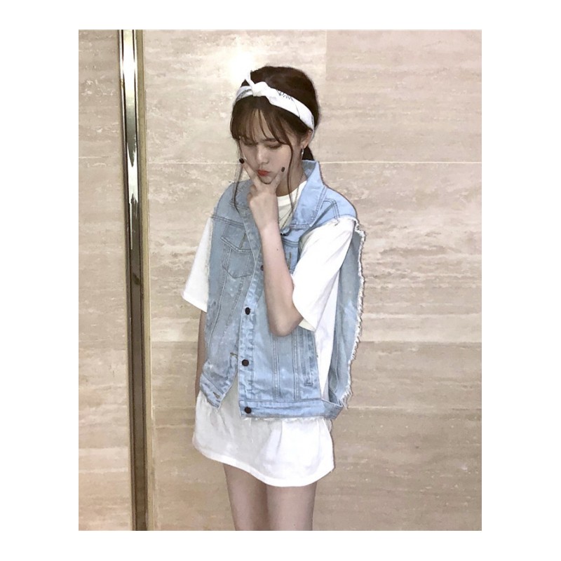 夏季女装韩版显瘦破洞无袖牛仔马甲短款宽松休闲背心开衫上衣外套蓝色