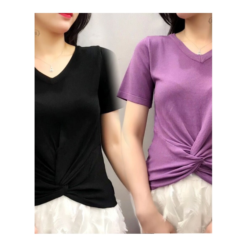 2018夏季韩版V领宽松薄款纯色百搭扭结短袖T恤冰丝毛针织衫上衣女黑色均码