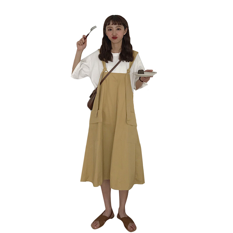 2018夏装韩版新款宽松纯色系带中长款背带裙女连衣裙长裙裙子学生卡其色均码