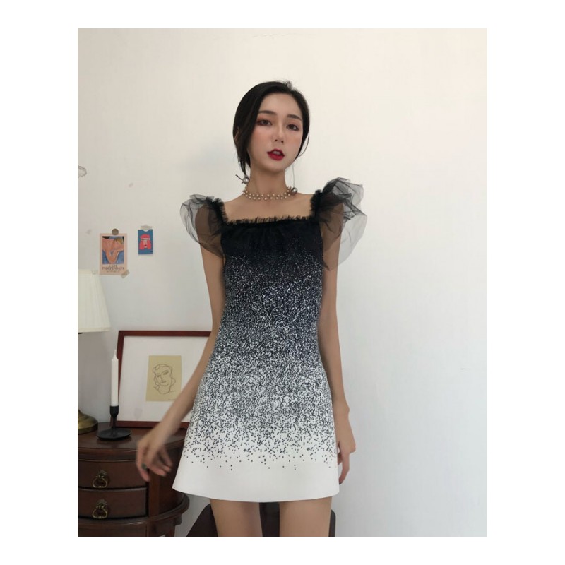 连衣裙2018夏季新款复古仙女名媛显瘦一字肩荷叶边网纱礼服撞色女黑色