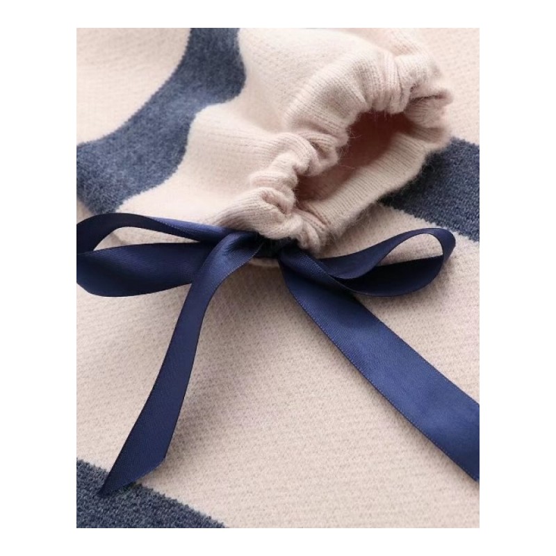 毛衣女秋冬季2018新款韩版套头学生宽松泡泡袖甜美可爱外套针织衫深蓝条纹均码