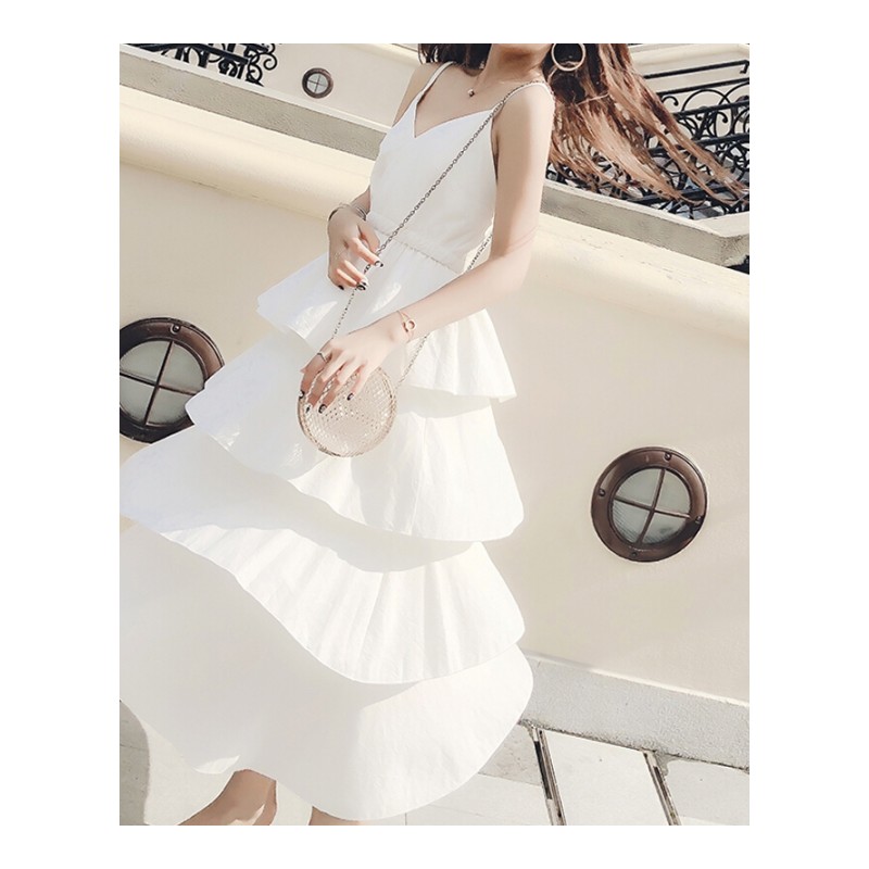 带连衣裙女夏季2018新款韩版V领无袖露背松紧腰裙沙滩长裙白色均码
